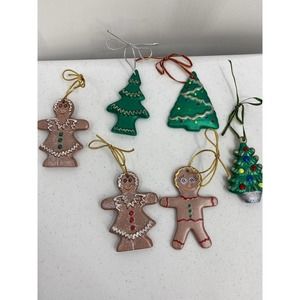 Christmas Ornaments Vintage Ceramic Gingerbread People Christmas Trees set of 6